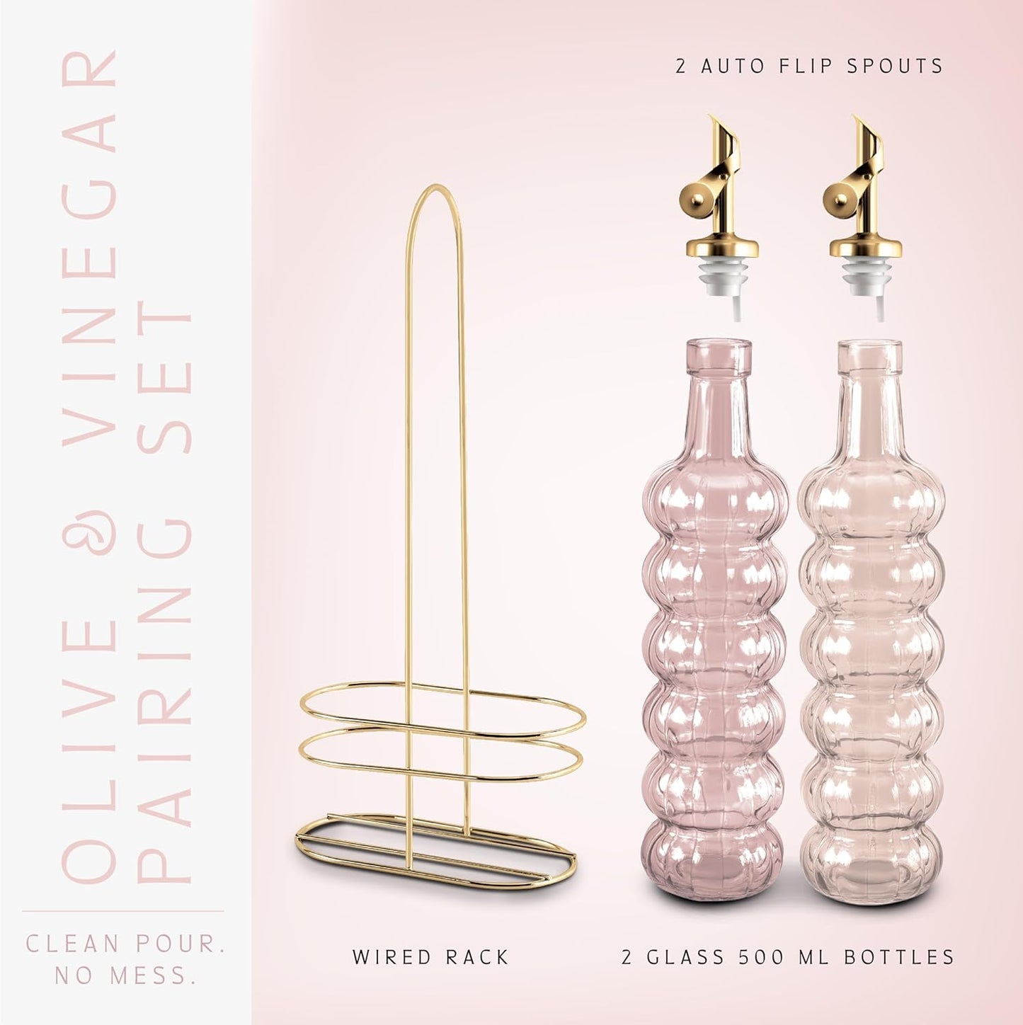 COOK WITH COLOR Glass Olive Oil Bottle Dispenser - 2 Pack- 17oz Oil and Vinegar Cruet - Olive Oil Carafe Decanter for Kitchen, Elegant Waves, Clear
