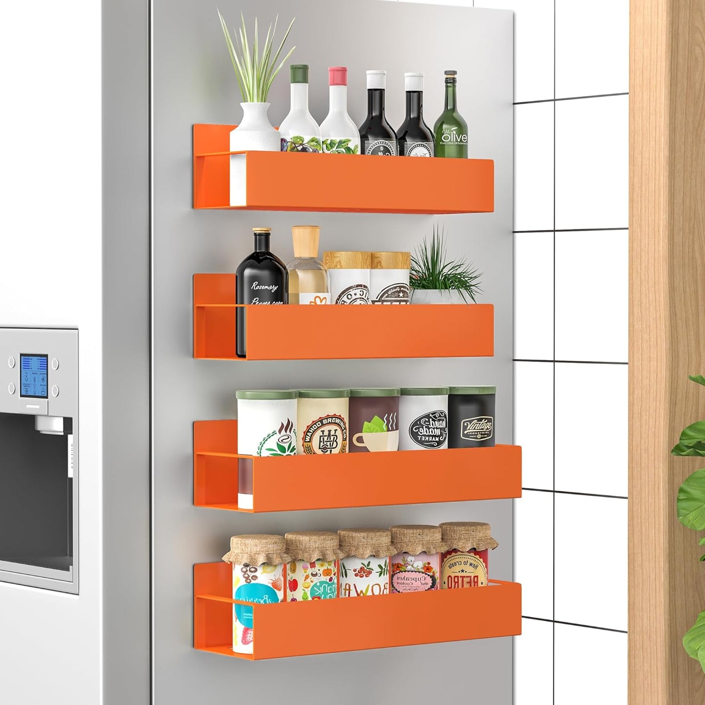 HuggieGems Metal 4 Pack Magnetic Spice Storage Rack Organizer for Refrigerator and Oven, Black Fridge Organizers and Storage, Metal