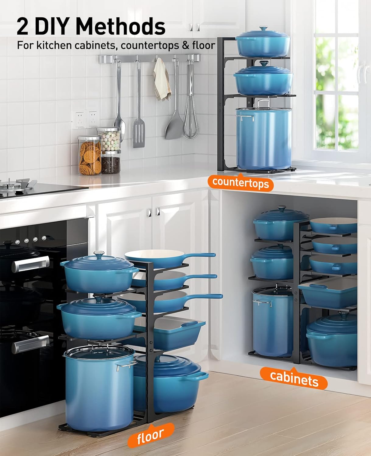 ORDORA Pots and Pans Organizer for Cabinet 16.61 Height, 8 Tier Pot Organizers Rack with 3 DIY Methods, Adjustable Pan Organizer under Cabinet Kitchen Organization and Storage