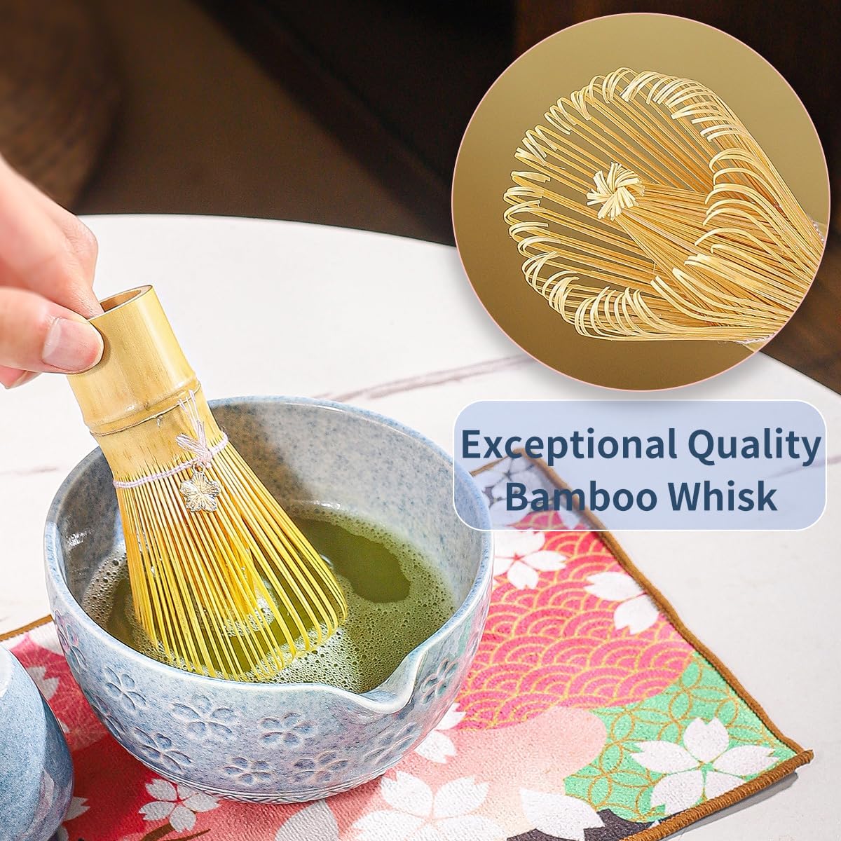 8-Piece Matcha Ceremony Set - Tea Kit with Cherry Blossom Bowl, Bamboo Whisk, Wood Scoops, Tea Cloth & Floral Display - Gift-Ready Pink Cherry color box (blue)