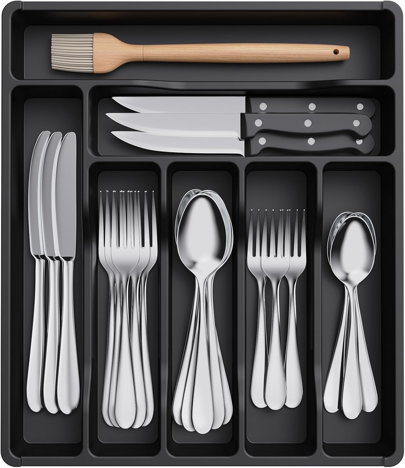 Lifewit Silverware Drawer Organizer Tray, Plastic Cutlery Storage for Kitchen, Flatware and Utensil Holder Divider for Spoons Forks Knives Tableware, 9.1 x 12.6", 5 Slots, Black