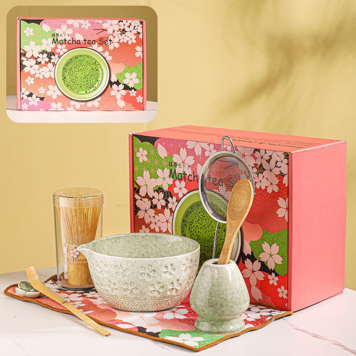 8-Piece Matcha Ceremony Set - Tea Kit with Cherry Blossom Bowl, Bamboo Whisk, Wood Scoops, Tea Cloth & Floral Display - Gift-Ready Pink Cherry color box (blue)