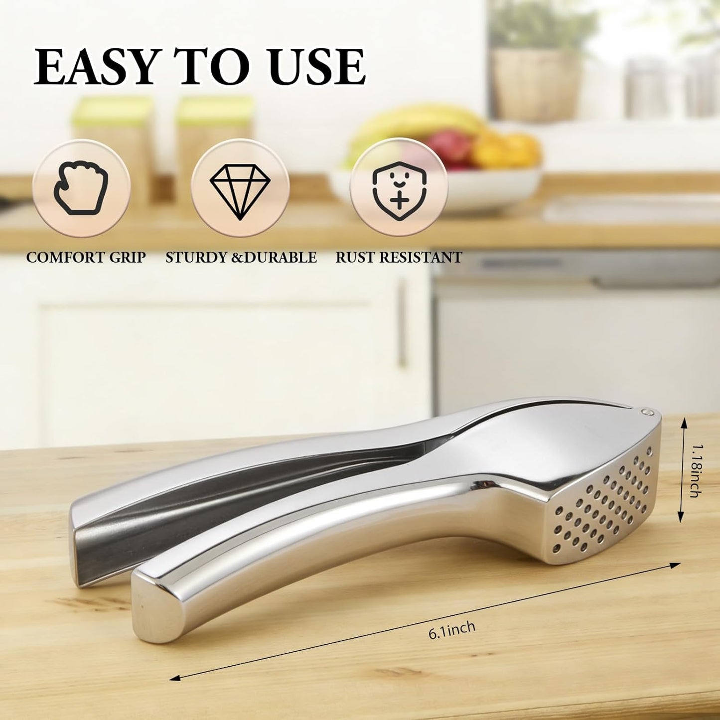 Heavy Duty Professional Garlic Press & Mincer - Rust-Proof, Dishwasher Safe with Easy-Grip Handle - Silver