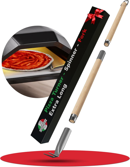 Senwosa Pizza Turner Fork & Bubble Popper - Easy Pizza Rotation for Evenly Baked Crust - Adjustable Handle [26"-32”]