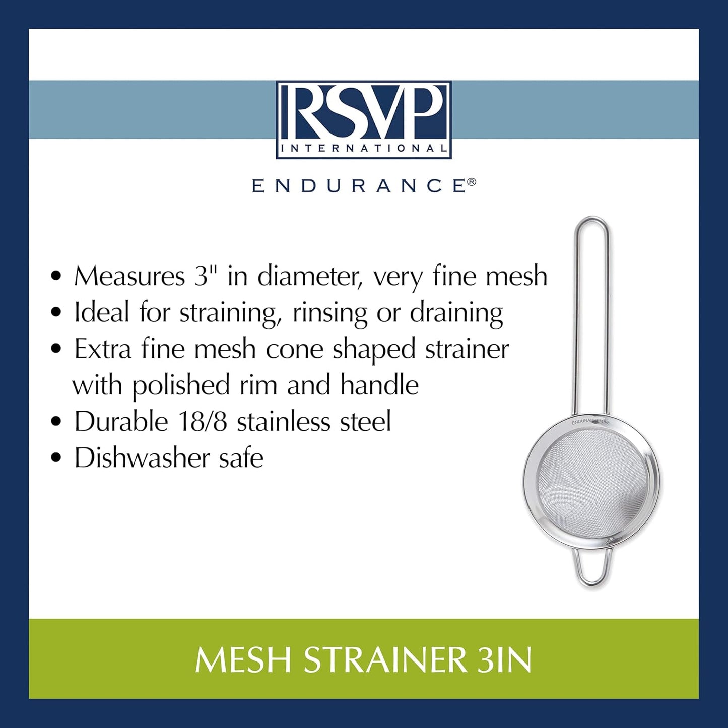 RSVP International Endurance Kitchen Collection, Stainless Steel Fine Mesh Conical Sieve/Colander, Multi-Purpose for Cooking, Baking, Loose Leaf Tea, Bar Strainer Cocktails, 7-Inch