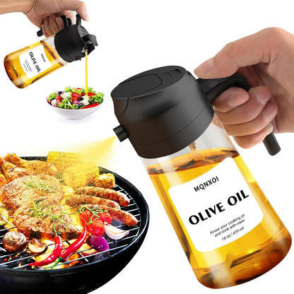 mqnxoi Oil Sprayer for Cooking, 2 in 1 Olive Oil Dispenser Bottle for Kitchen, 16oz/470ml Premium Glass, Food-grade Oil Mister for Air Fryer, Salad, Frying, BBQ (Black + Dark Green Bottle)