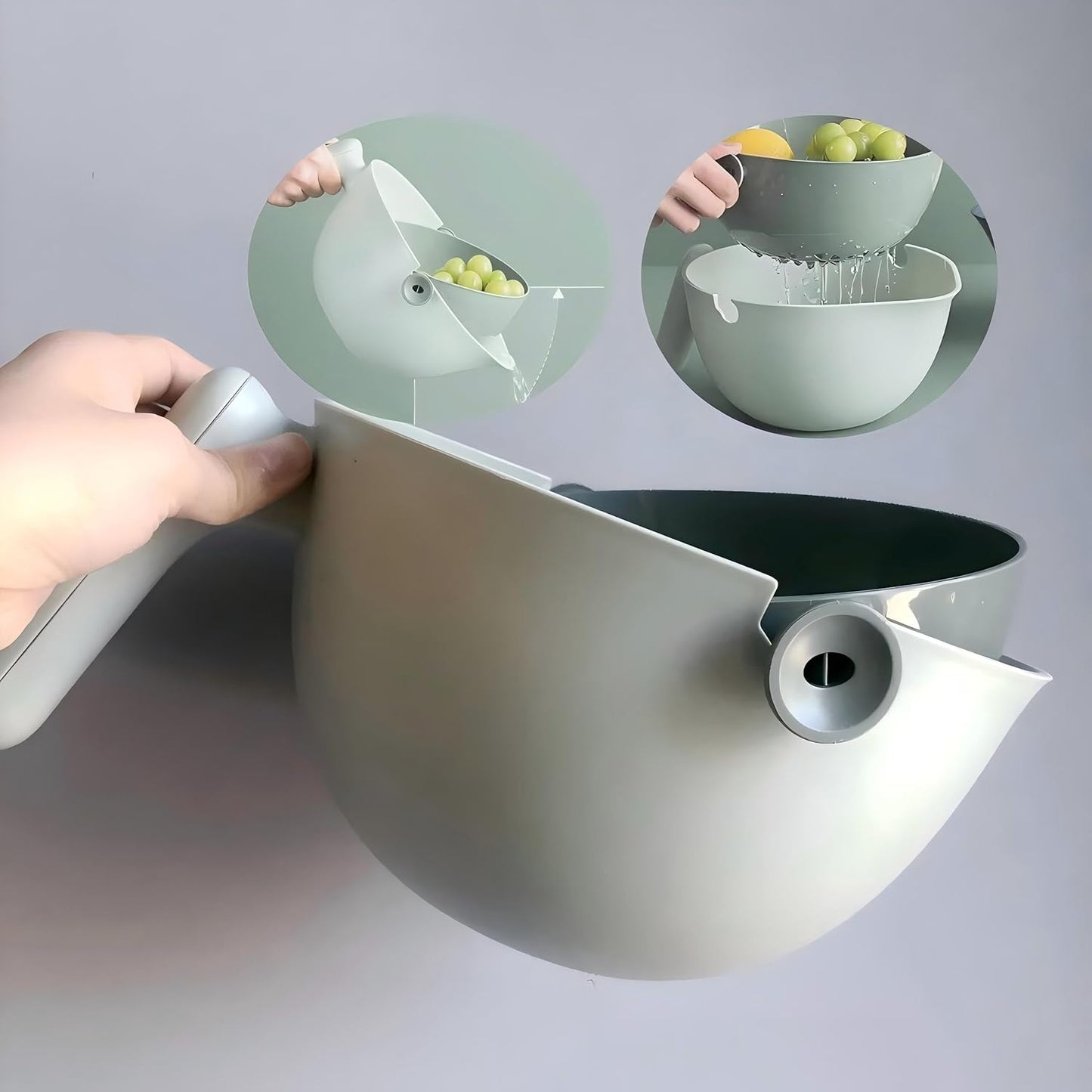 2-1 Kitchen Colander Rotating Washing Basket with Handle - Pasta Strainer - Fruit Washing Bowl with Strainer - Fruit Rinser Container (Avocado Green)