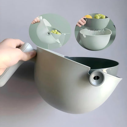2-1 Kitchen Colander Rotating Washing Basket with Handle - Pasta Strainer - Fruit Washing Bowl with Strainer - Fruit Rinser Container (Avocado Green)