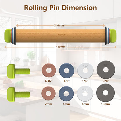 Rolling Pin with Adjustable Thickness Ring, Dough Thickness for Baking, Fondant, Pizza, Crust, Cookies, Pastry, 13.6" Wooden Rolling Pin with 4 Multi-Color Thickness Rings and Wooden Stand