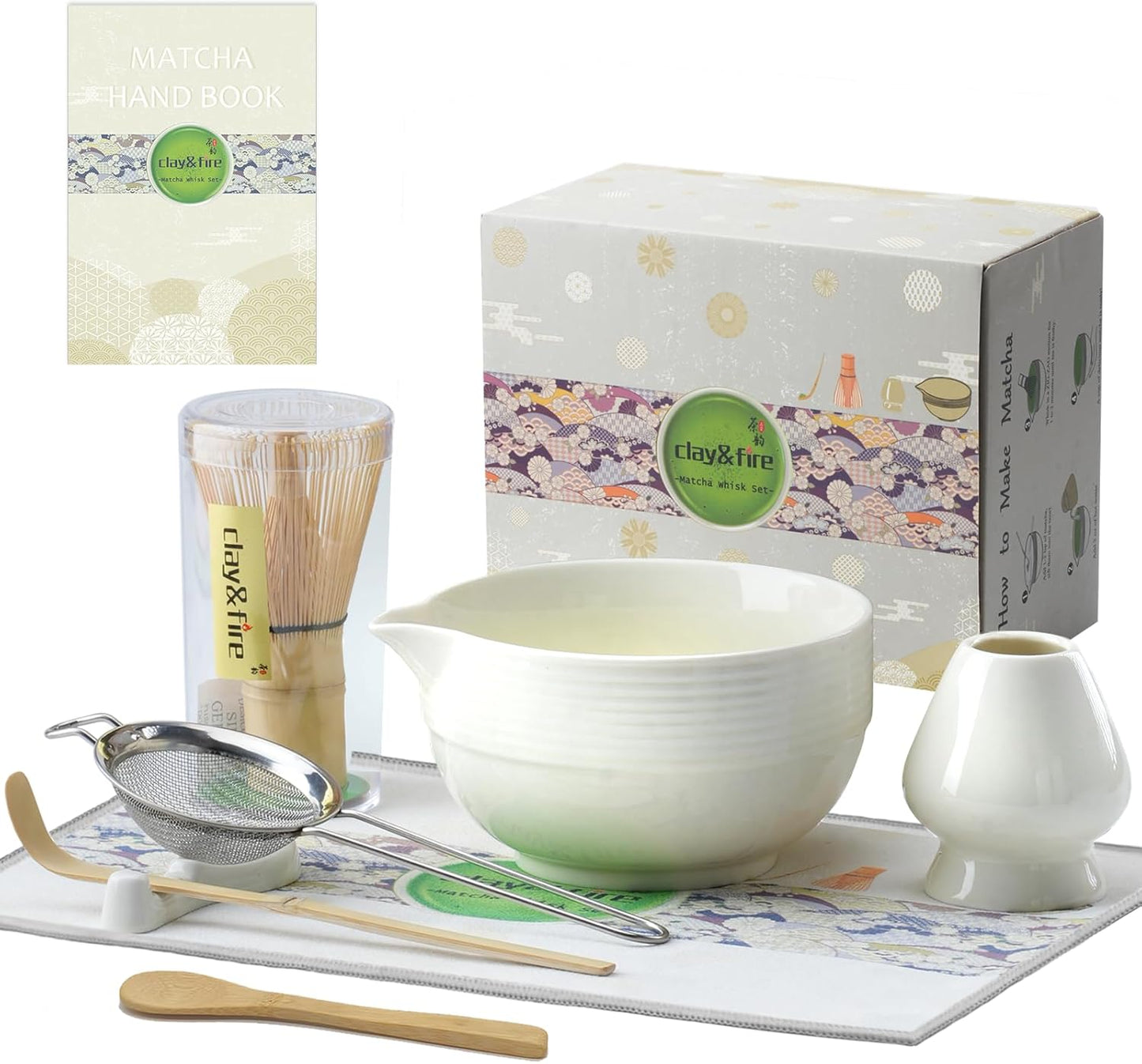 Clay&Fire Matcha Whisk Set, 9 pcs Ceramic Matcha Set, Gifts for Women,Matcha Bowl with Spout and Whisk, Matcha Kit for Matcha Lovers, Gift Mother's Day, Birthday, Anniversary