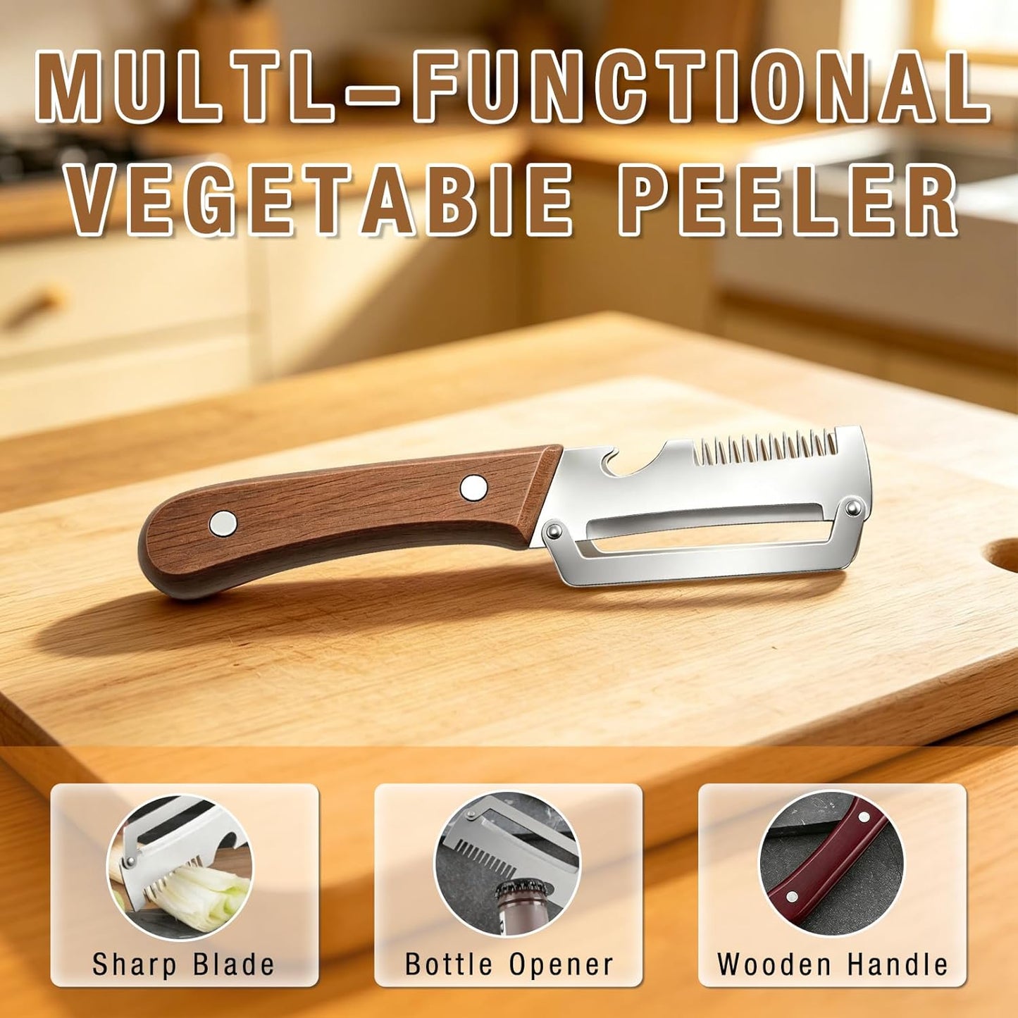 3PCS Multifunctional Vegetable Peeler, 3 in 1 kitchen gadgets, With wooden handle & bottle opener and grater, for potatoes garlic sugarcane carrots and other vegetables or fruits