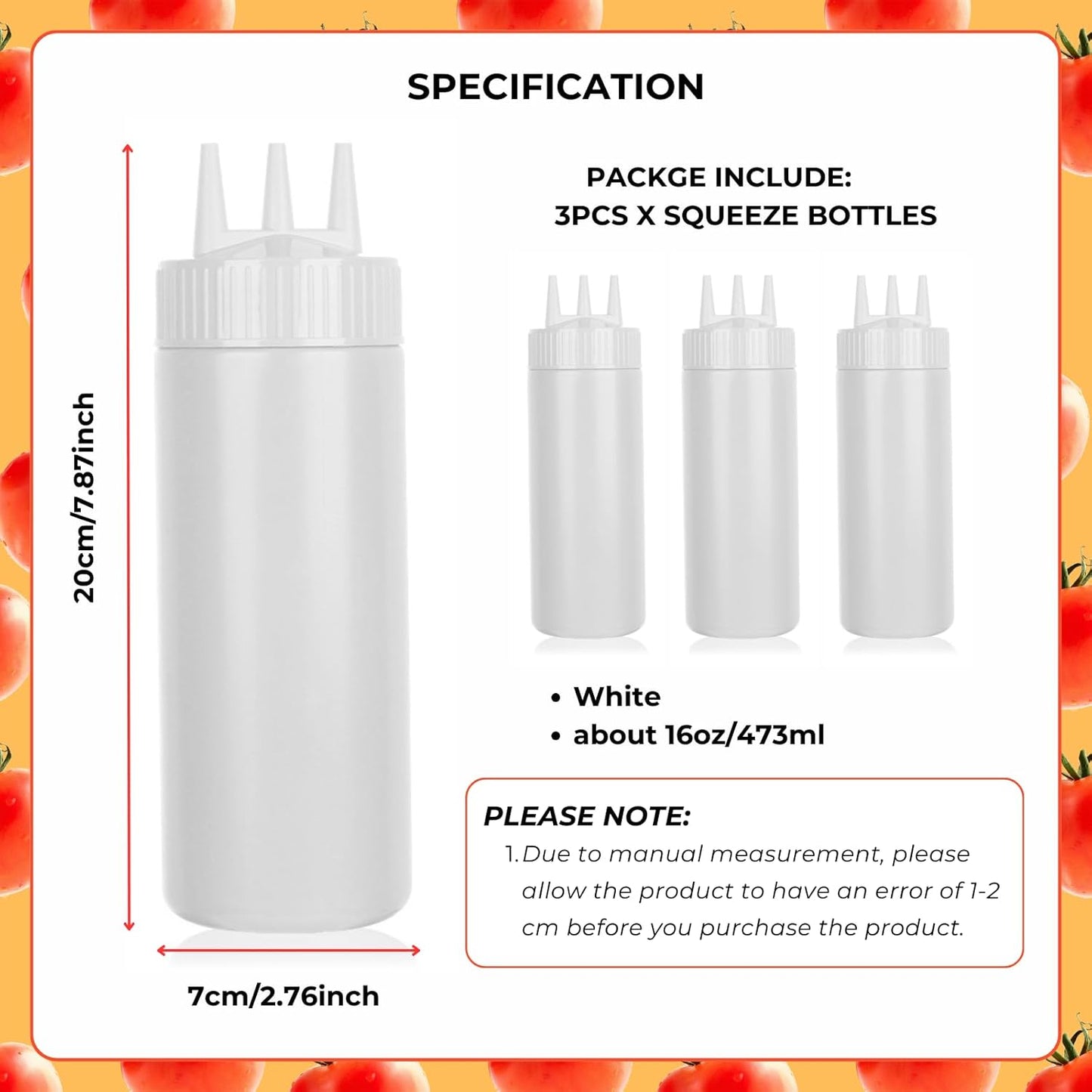 beyonday 3pcs Seasoning Squeeze Bottles, 3 Hole Ketchup Mustard Dressing Squeeze Squirt Bottles, Salad Sauce Condiment Cream Squeeze Bottles for Kitchen Restaurant Bakery (24oz, Multicolor)