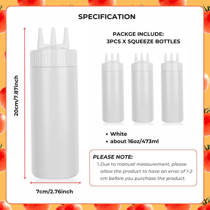 beyonday 3pcs Seasoning Squeeze Bottles, 3 Hole Ketchup Mustard Dressing Squeeze Squirt Bottles, Salad Sauce Condiment Cream Squeeze Bottles for Kitchen Restaurant Bakery (24oz, Multicolor)
