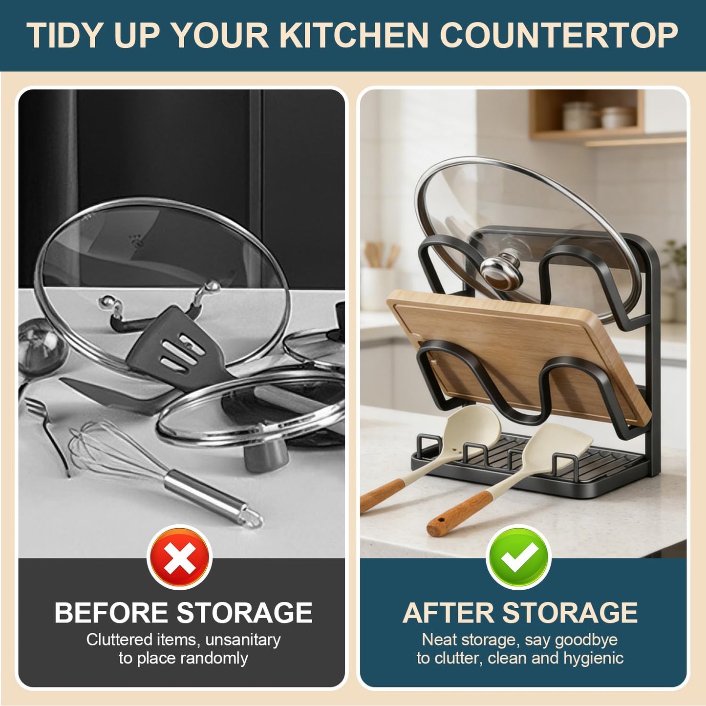 Kitchen Pot Lid Storage Rack: Carbon Steel Double Layer Pot Lid Organizer with Tray, Multifunctional Pot Lid Holder While Cooking, Saving Space Organizer Storage for Kitchen Countertop (Black)