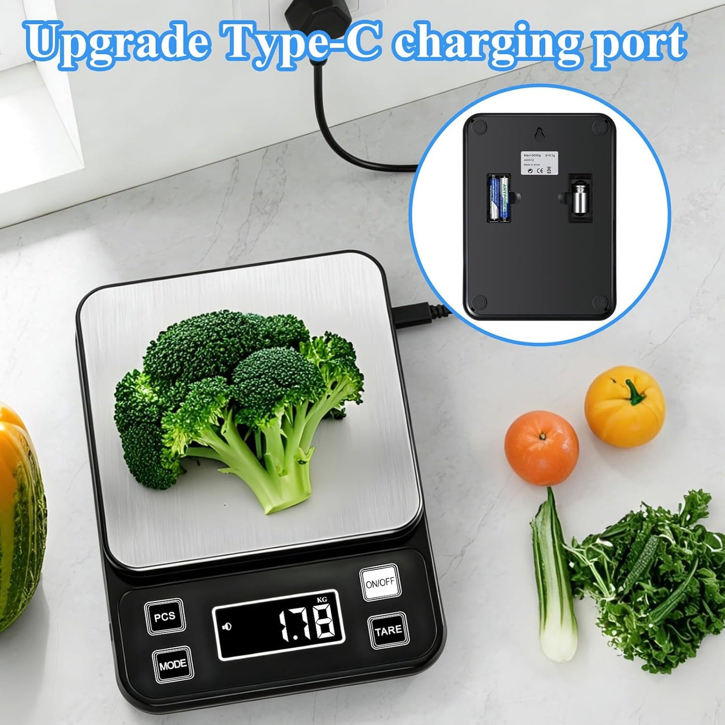 Full Waterproof Digital Scale IP67,5kg Capacity 0.1g Accuracy Kitchen Scale with Type-C Charging Tare Function Stainless Steel Platform for Baking Seafood Food Processing Hardware Counting