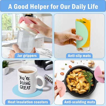 Rubber Jar Opener Gripper Pad Set Gadgets 4pcs Round Multi Function Can Silicone Easy Opening Bottle Lid Heat Insulated Non Slip for Seniors Arthritis Weak Hands Kitchen Coasters Tool