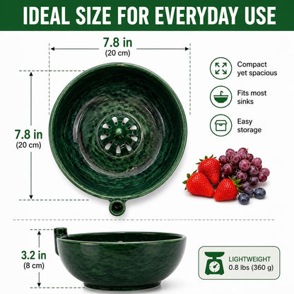 Self Spinning Berry Washing Bowl with Drain Holes, Berry Rinse Bowl & Fruit Wash Bowl for Strawberries, Blueberries and Grapes, Glossy Ceramic-Look PLA Berry Washer, Colander Bowl for Kitchen