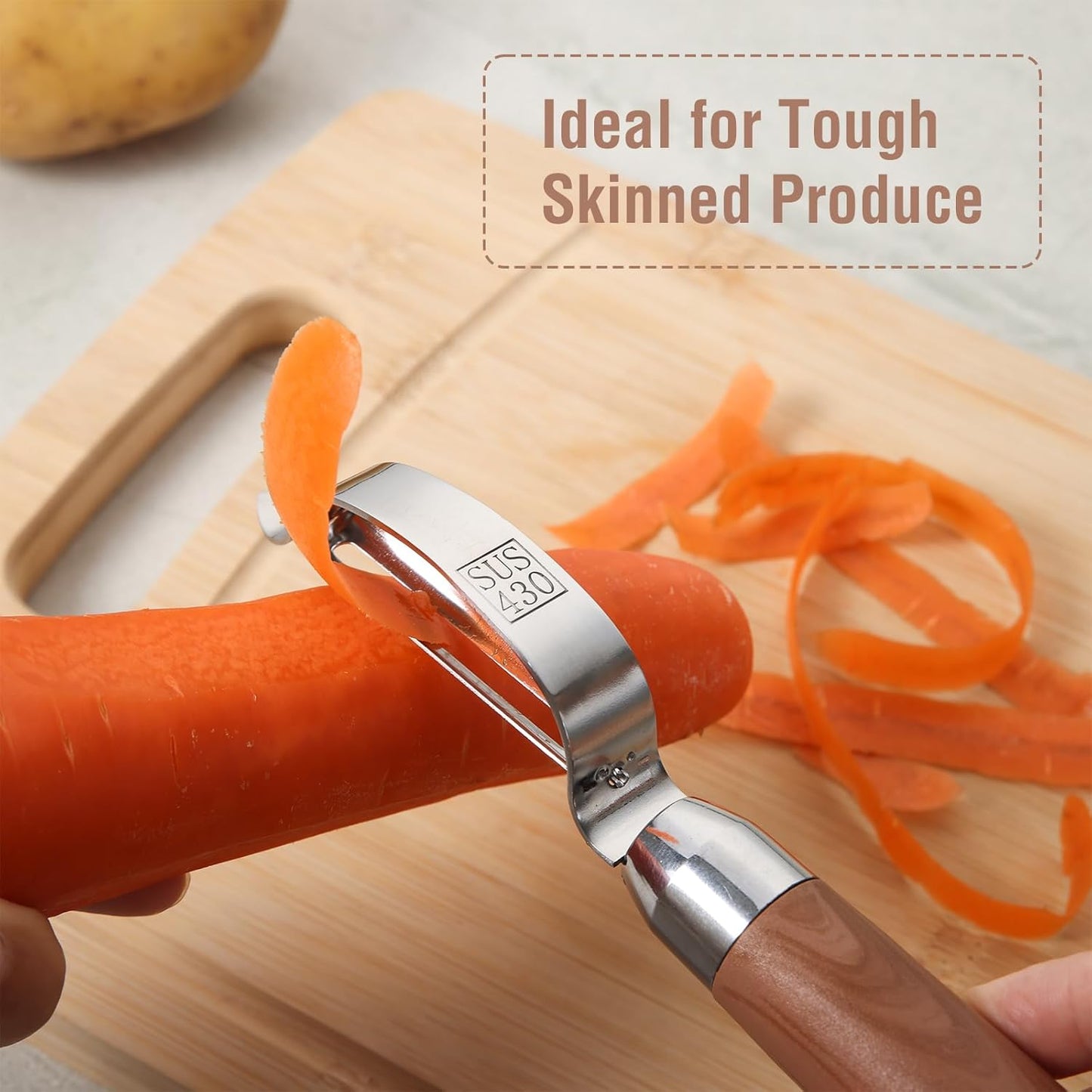 HiFind Premium Stainless Steel Multifunctional Kitchen Fruit and Vegetable Peeler with Natural Wood Handle，Ultra Sharp Strong Blade - 2 PCS