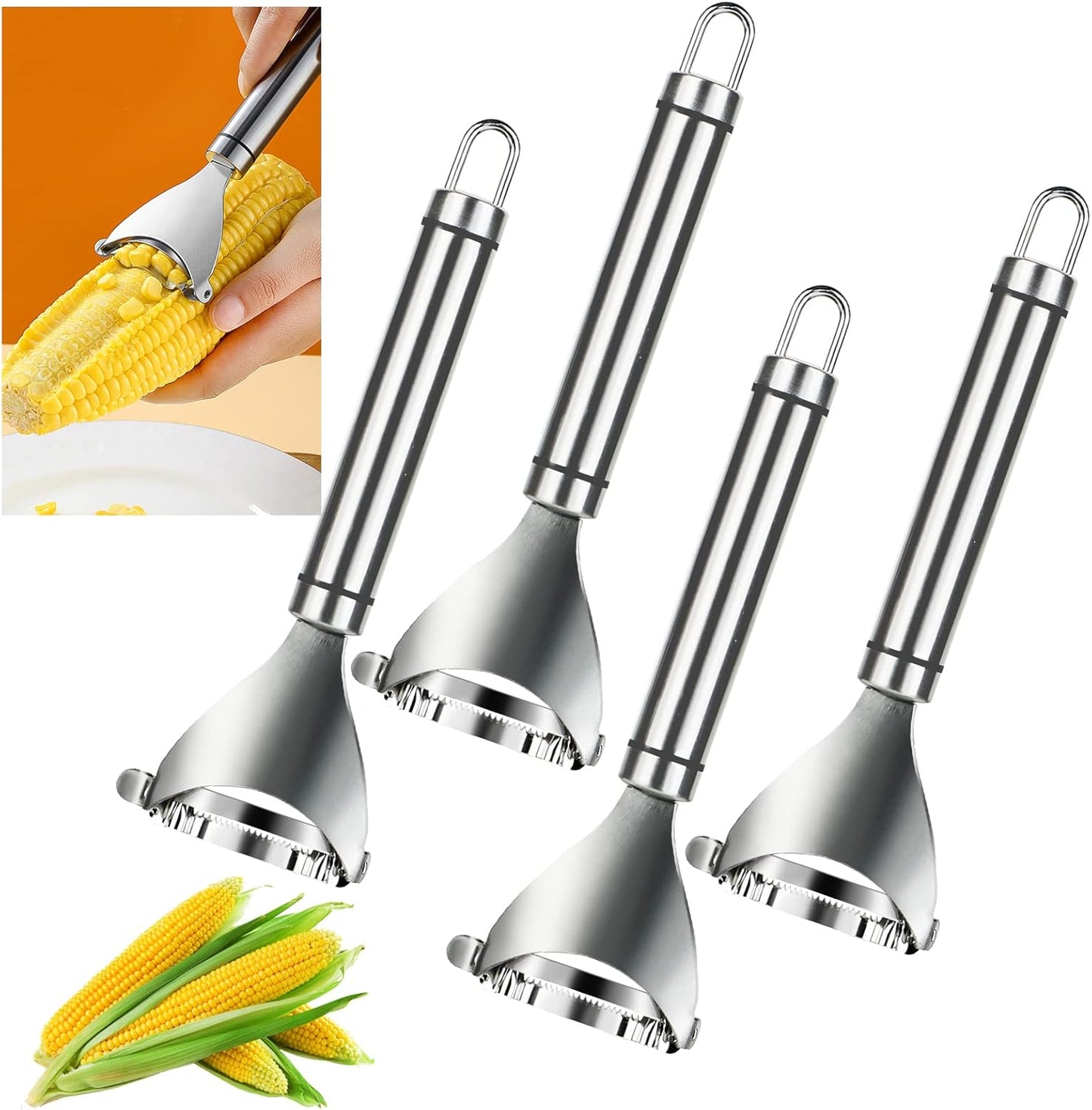 4PCS Magic Corn Cutter Peeler, Corn Stripper Cob Stripper Tool Premium Stainless Steel Corn Thresher Cob Remover Tool with Ergonomic Handle for Kitchen