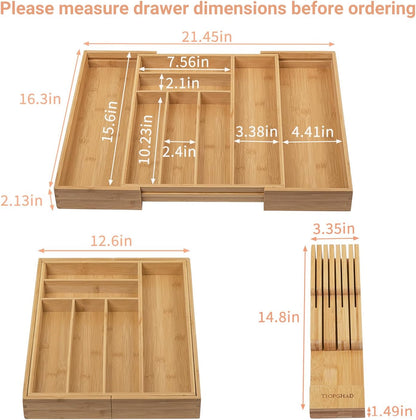 TIOPGHAD Small-Bamboo-Silverware-Drawer-Organizer, Expandable Utensil Kitchen Cutlery Tray Flatware Organization Adjustable Wood Tableware Dividers Storage (with Removable Knife Block)(Natural)
