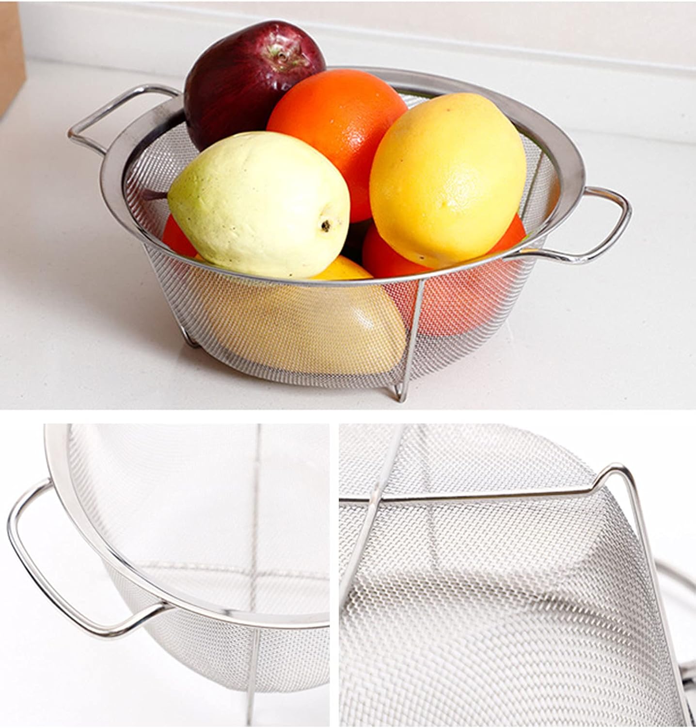 AJIODA Stainless Steel Mesh Colander Strainer Basket, 3 Quart Fine Mesh Net Colander with Heavy Duty Handles & Wide Rim & Resting Feet for Strain, Drain, Rinse, Fry, Steam or Cook Vegetables & Pasta