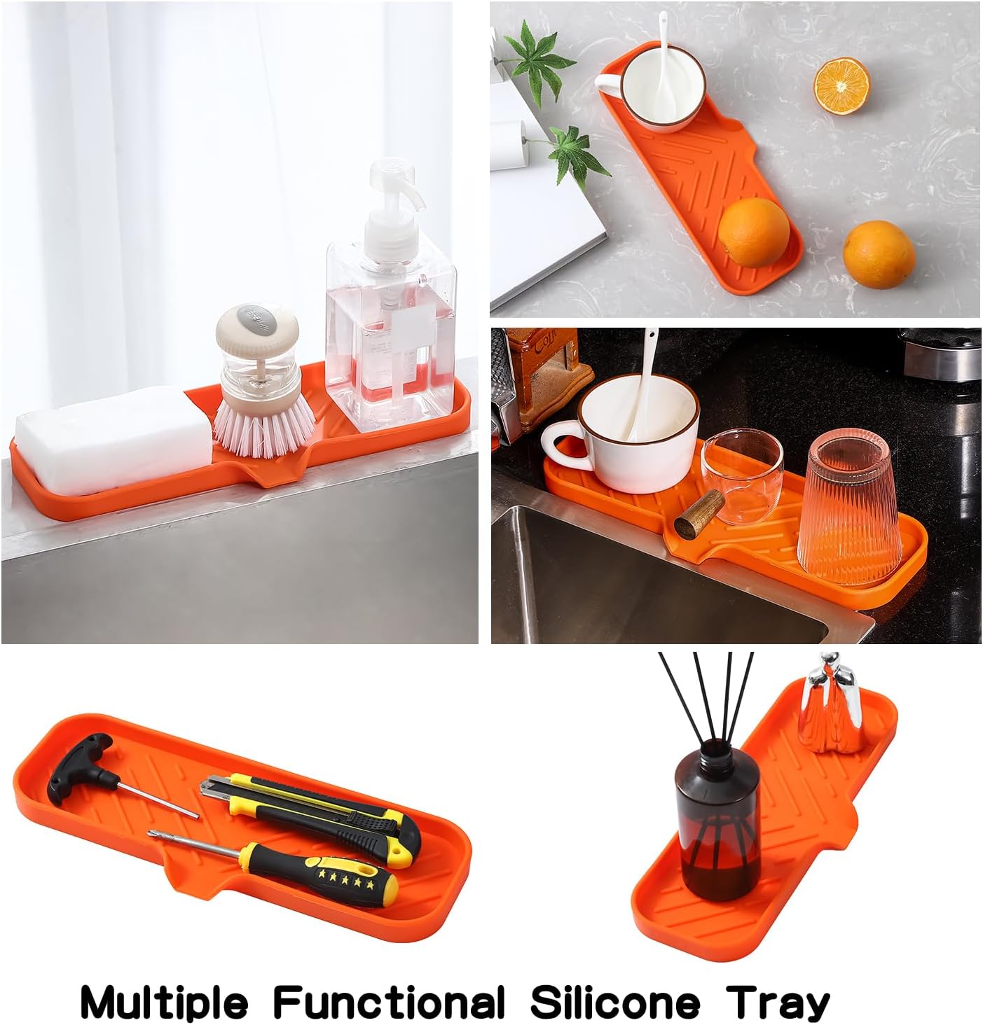 MicoYang Silicone Soap Dish with Drain Spout, Self-Draining Sink Organizer Tray for Bathroom and Kitchen, Sponges, Dispensers and Soap Holder, Non-Slip and Dishwasher Safe, Black (Compact, 4.9"×3.2")