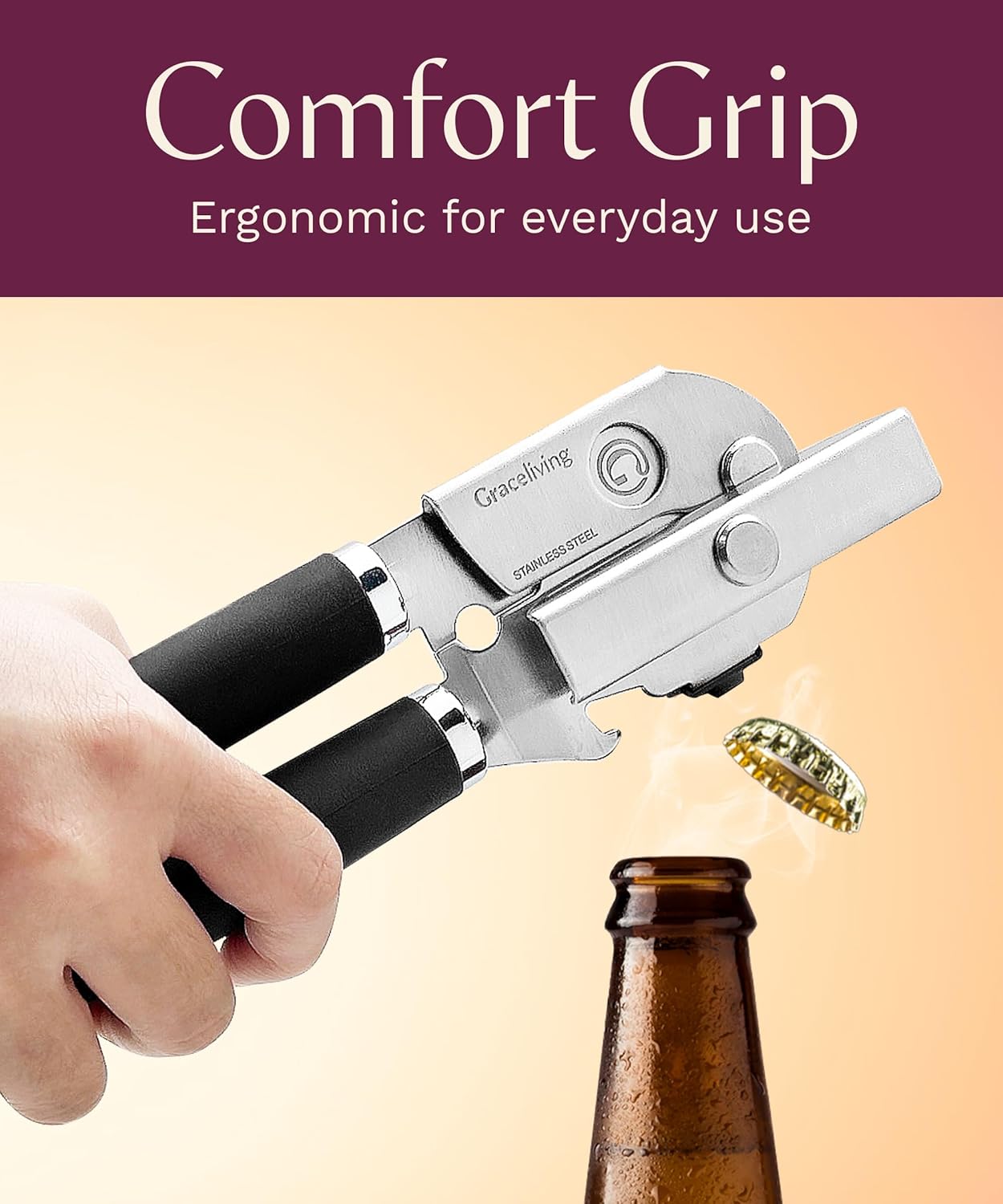 Premium Multifunction Magnetic Manual Can Opener and Bottle Opener, Heavy Duty Stainless Steel Sharp Cutting Blade and Oversized Easy Turn Knob, Soft-Touch Handle, Kitchen Use, Mauve