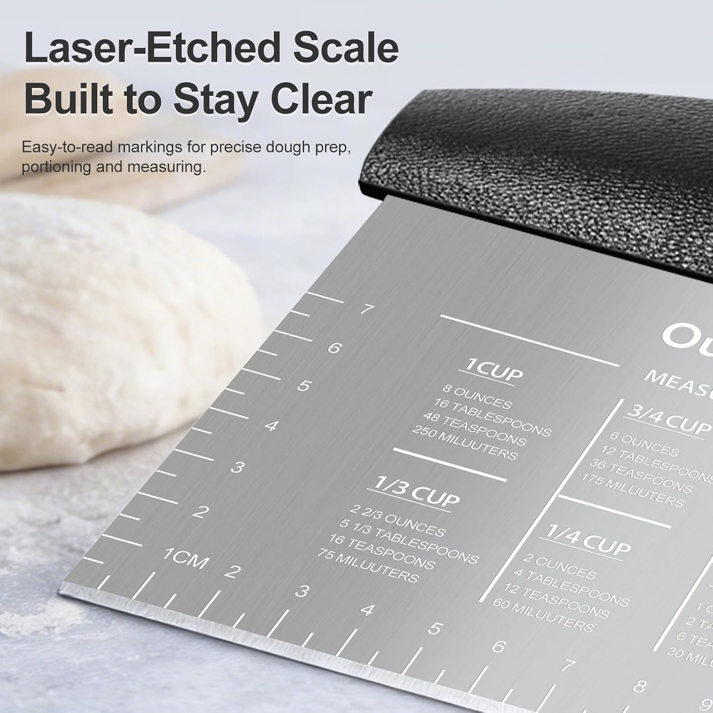 Ourokhome 2 Pack Bench Scraper Dough Cutter, Stainless Steel Dough Scraper with Laser-Etched Scale, Conversion Chart, Non-Slip Handle, Dishwasher Safe for Bread & Pastry, Black