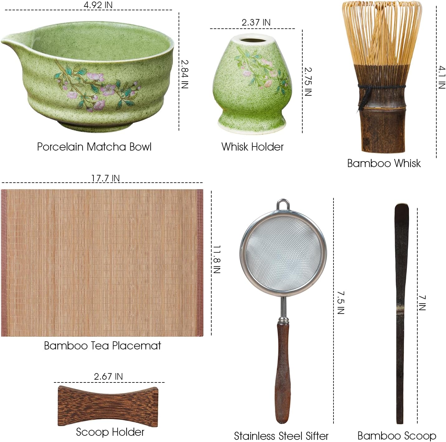 Matcha Whisk Set 7-Piece with Handmade Matcha Bowl & 100-Prong Purple Bamboo Whisk (Chasen), Complete Matcha Kit with Holder, Scoop & Rest, Bamboo Tea Mat, Gift-Ready Matcha Set