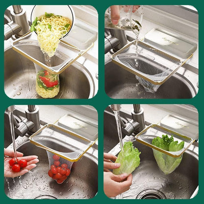 Foldable kitchen sink filter basket | 100 disposable mesh bags | Food waste disposal gadget (white)