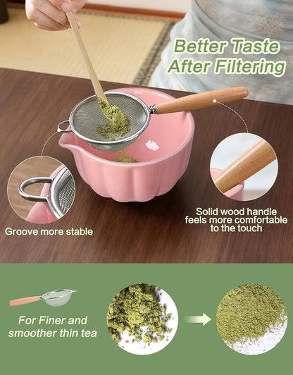 Matcha Whisk Set, 7 Pcs, Matcha Kit Includes Matcha Bowl, Matcha Whisk and Holder, Bamboo Scoop, Spoon, Sifter and Tea Towel, Matcha Set, Gift for Matcha Lovers & Beginners (Pink)