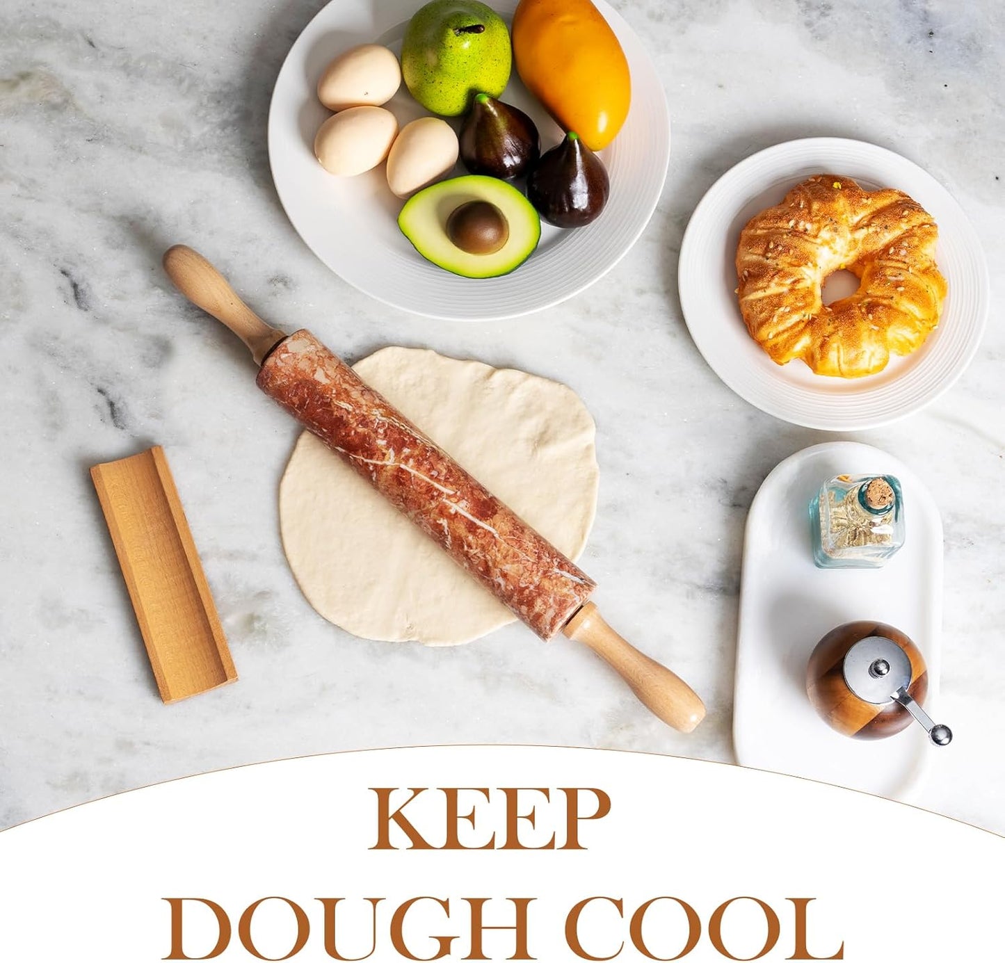 Koville African Natural Marble Rolling Pin, Non-Stick Polished Dough Roller, Pasta, Dumpling, Fondant, Pie Crust, Bread, Pizza Dough, Kitchen Baking Pastry Tools with Mat/Scraper（Namib Fantasy）