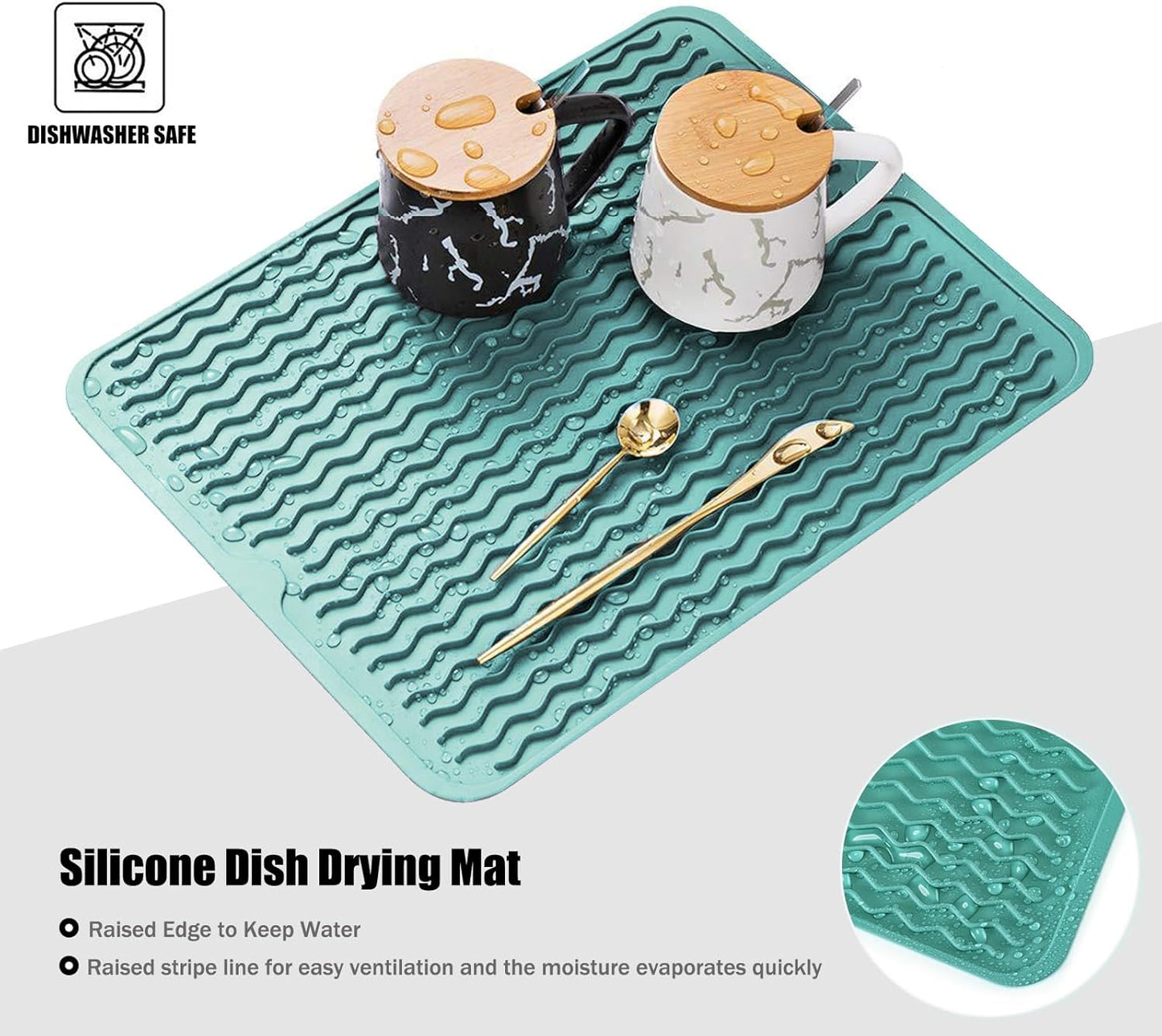 Large 17" x 14" Silicone Dish Drying Mat for Kitchen Counter, Easy clean, Quick Dry, Heat-resistant Dish Drainer Mat for Sink,Refrigerator or Drawer liner (Food Grade Silicone-Black)