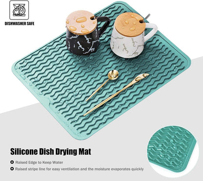 Large 17" x 14" Silicone Dish Drying Mat for Kitchen Counter, Easy clean, Quick Dry, Heat-resistant Dish Drainer Mat for Sink,Refrigerator or Drawer liner (Food Grade Silicone-Black)