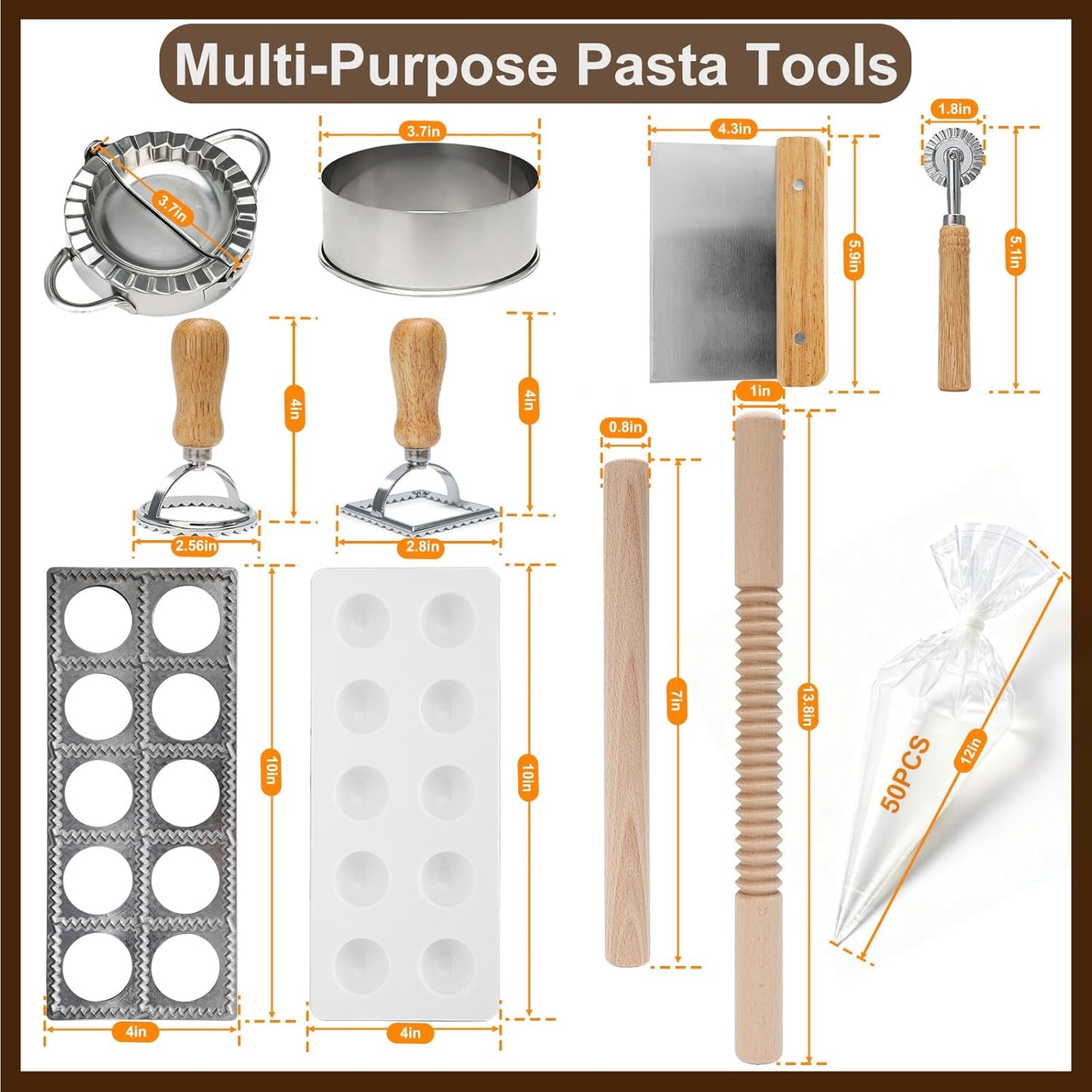 Ravioli Cutter Set - 10 Pieces Ravioli Press Mold, Round & Square Ravioli Stamp, Ravioli Cutter Wheel, Wood Rolling Pin, Pasta Making Kit for Ravioli Mold