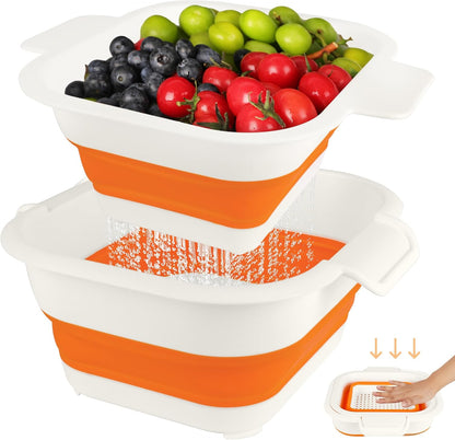 ROTTOGOON Collapsible Colander Set with Strainer Bowl, 2 in 1 Fruit Washing Basket with Strainer, 5 + 3 QT Plastic Colanders for Kitchen, Foldable Double Layered Colanders Bowl for Vegetable, Grey