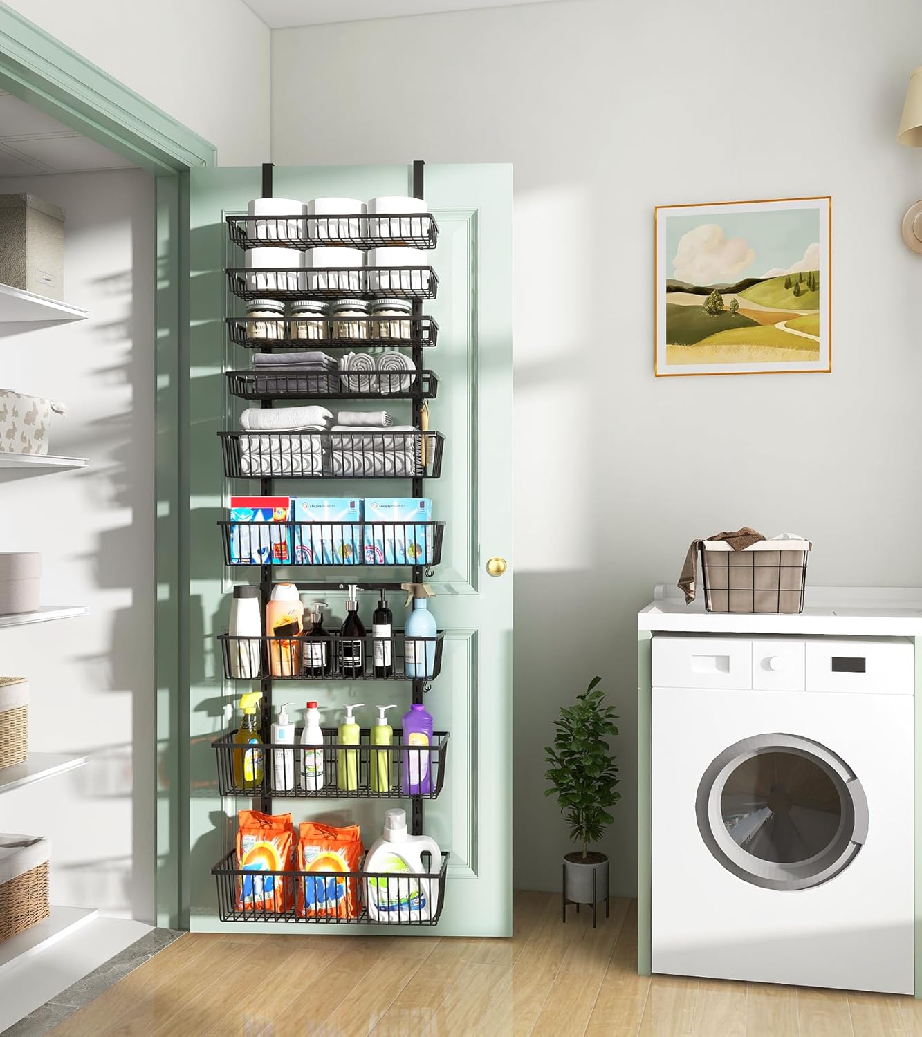 Mefirt White 9-Tier Over The Door Pantry Organizer, Pantry Organization and Storage, Deep Baskets Hanging Heavy-Duty Metal, Wall Spice Rack Seasoning Shelves for Home & Kitchen, Laundry Room Bathroom