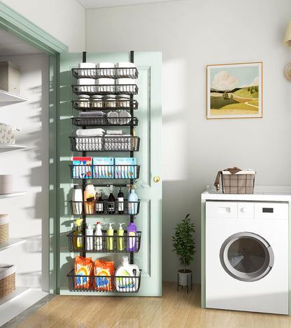 Mefirt White 9-Tier Over The Door Pantry Organizer, Pantry Organization and Storage, Deep Baskets Hanging Heavy-Duty Metal, Wall Spice Rack Seasoning Shelves for Home & Kitchen, Laundry Room Bathroom
