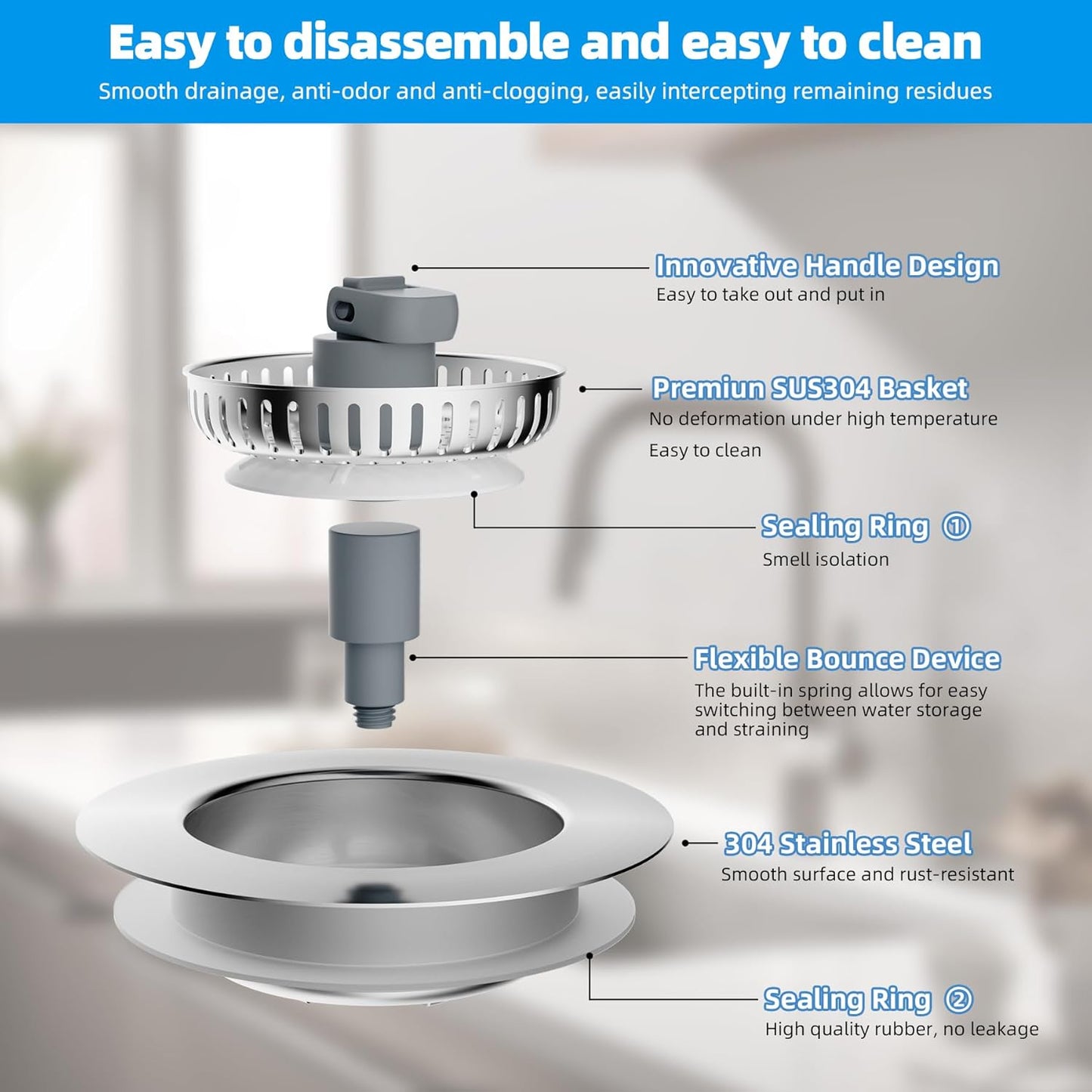 Hibbent Upgraded 3 in 1 Kitchen Sink Drain Strainer and Stopper Combo, Stainless Steel Metal Pop Up Sink Stopper, Anti-Clogging Basket with Foldable Handle for US Standard 3-1/2 Inch Drain