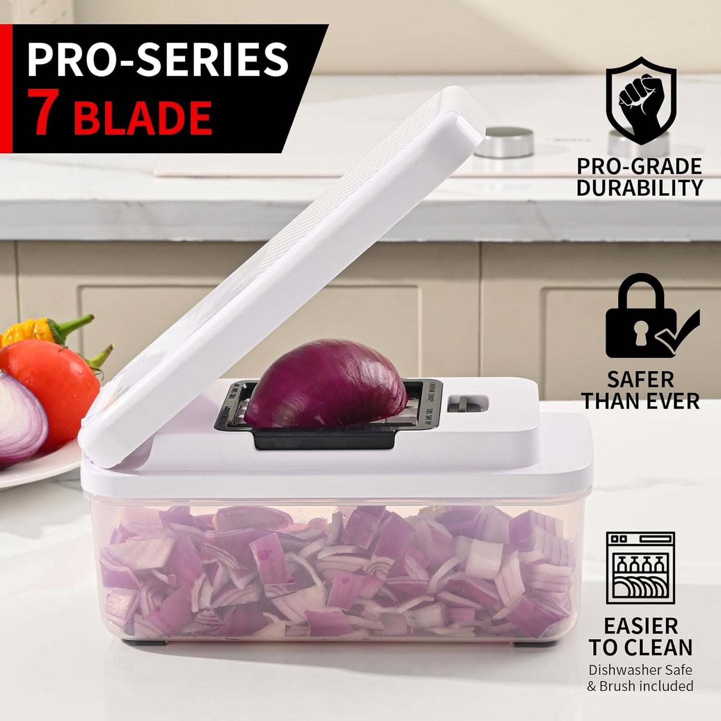 11-in-1 Vegetable Chopper, 420 Food-Grade Stainless Steel Blades, 7.2 Cup Container with Colander, BPA & PFAS Free, Dishwasher Safe