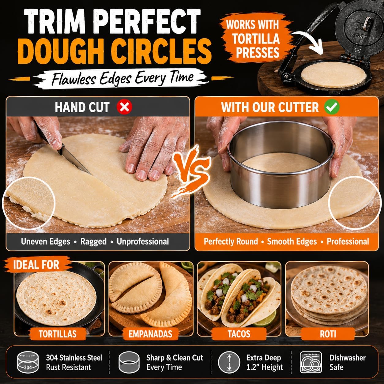 Doczen Large Cookie Cutter Set, 6-Piece Stainless Steel Biscuit Cutters, Heavy Duty Metal Ring for Burger Press & Meat Shaping, Tortilla Crust & Clay Pottery Cutting Tool