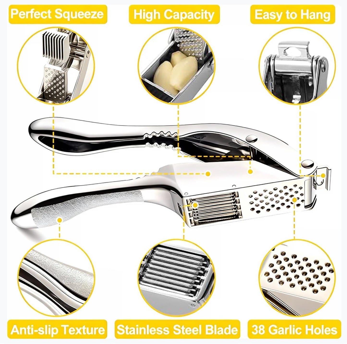Garlic Press and Slicer 2 in 1, Rust Proof & Dishwasher Safe Professional Garlic Mincer Tool, Effortlessly Crush and Mince Garlic with this Ergonomic Handle-Garlic Slicer & Brush ANCQMI(Silver)