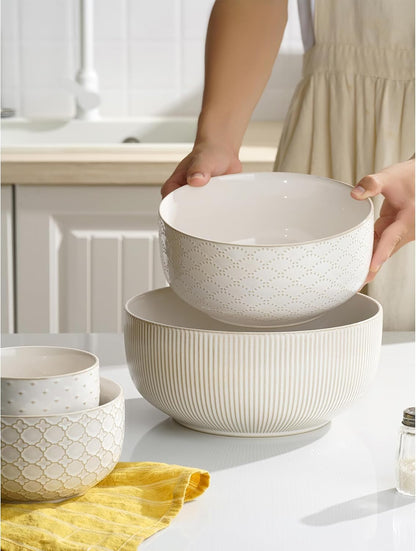 Ceramic Mixing Bowls, Embossed Nesting Bowls Set of 4, Mixing Bowl Set for Serving, Baking, Cooking and Gift, Microwave and Dishwasher Safe, 20/47/99/148 oz, Off-White