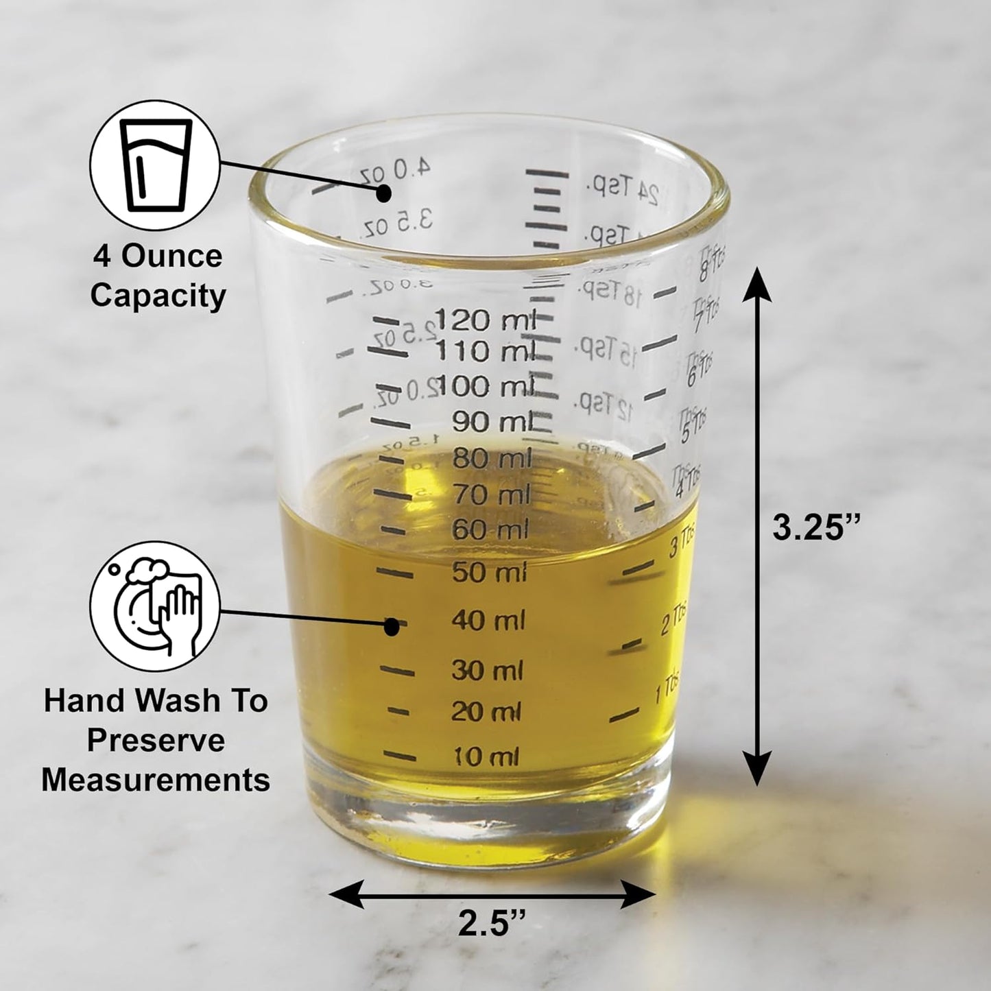 Fox Run Mini Multi-Purpose Liquid and Dry Measuring Shot Glass, Set of 2, 4-Ounce Cups, Clear, Small