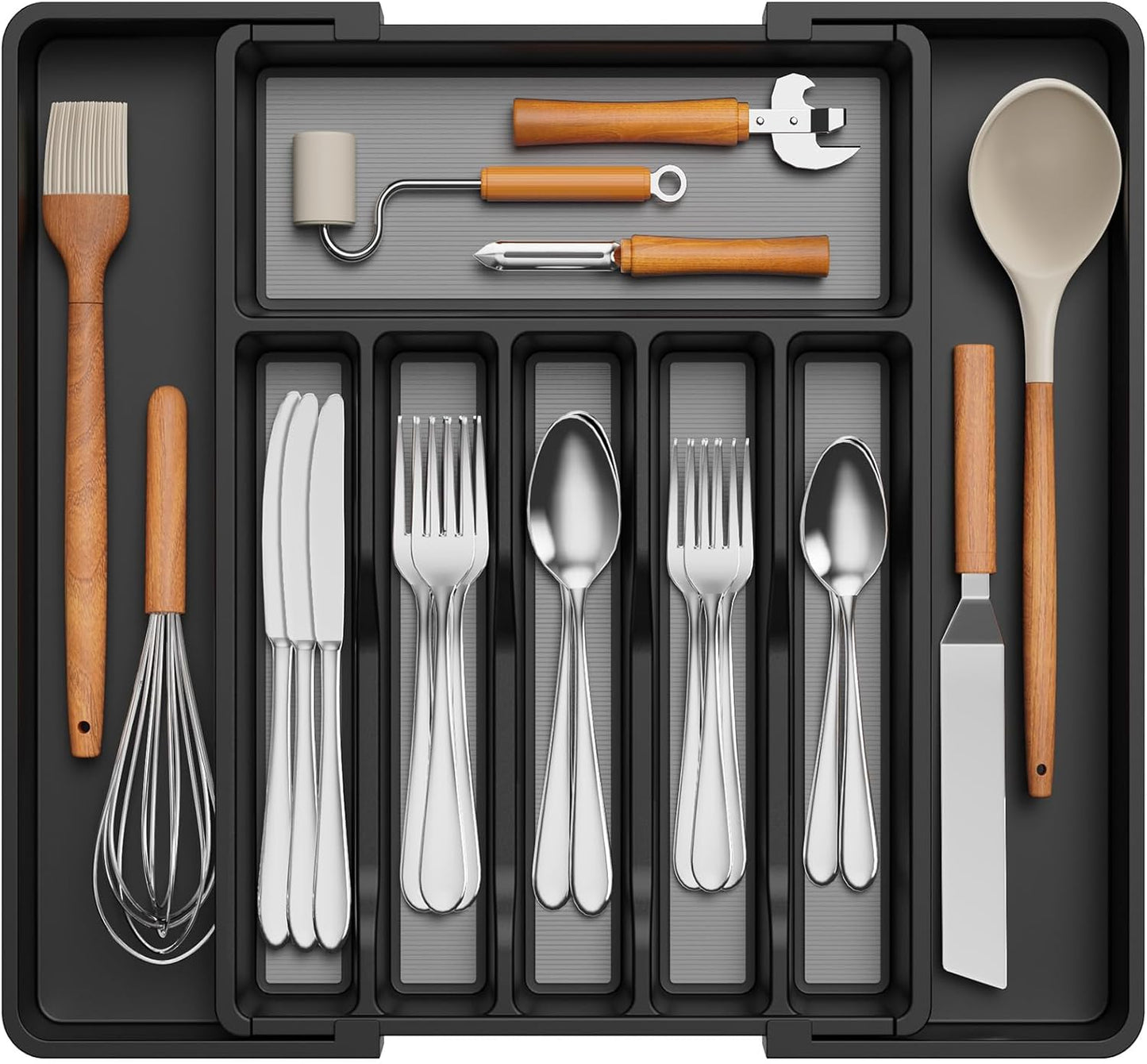 Lifewit Silverware Drawer Organizer, Expandable Utensil Tray for Kitchen, BPA Free Flatware and Cutlery Holder, Adjustable Plastic Storage for Spoons Forks Knives, 11-18 x 14", Black