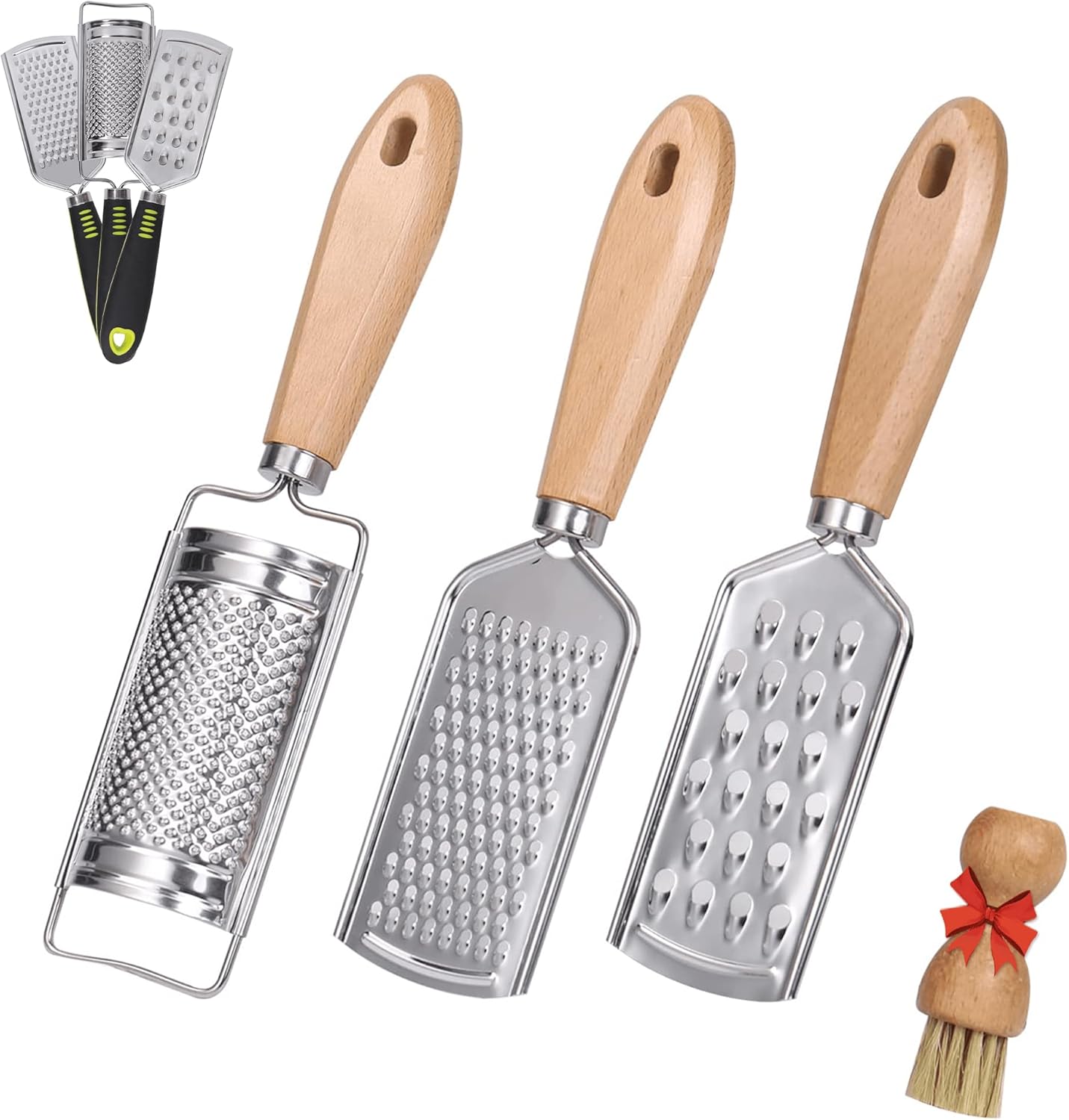 Handheld Cheese Graters with Cleaning Brush Stainless Steel Vegetable Grater with Wood Handle Multifunctional Kitchen Food Shredder for Chocolate Butter Nuts Ginger (Wooden Handle) By beardo decor