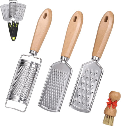 Handheld Cheese Graters with Cleaning Brush Stainless Steel Vegetable Grater with Wood Handle Multifunctional Kitchen Food Shredder for Chocolate Butter Nuts Ginger (Wooden Handle) By beardo decor