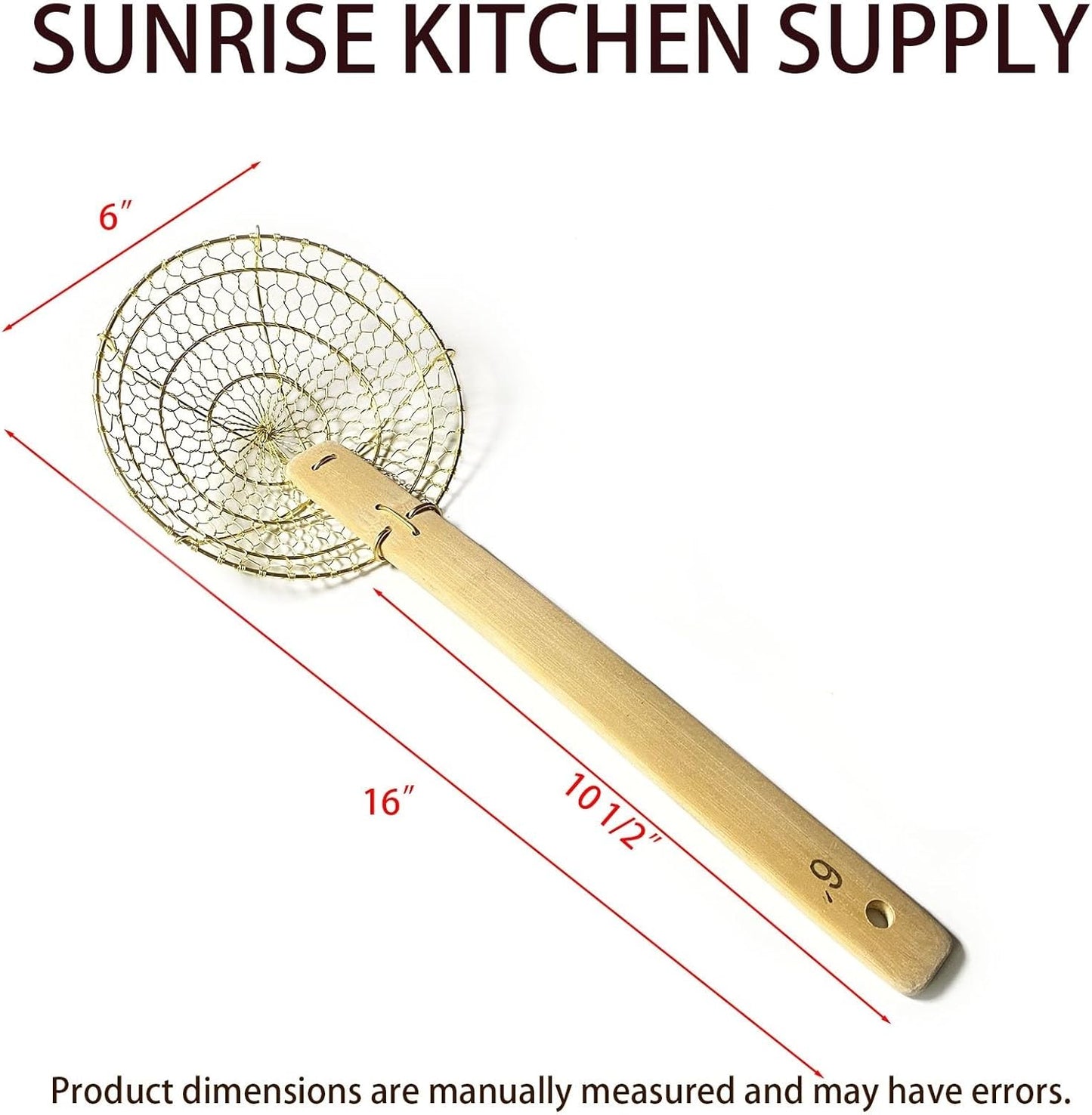 Sunrise Kitchen Supply 6" Round Brass Spider Strainer with Bamboo Handle