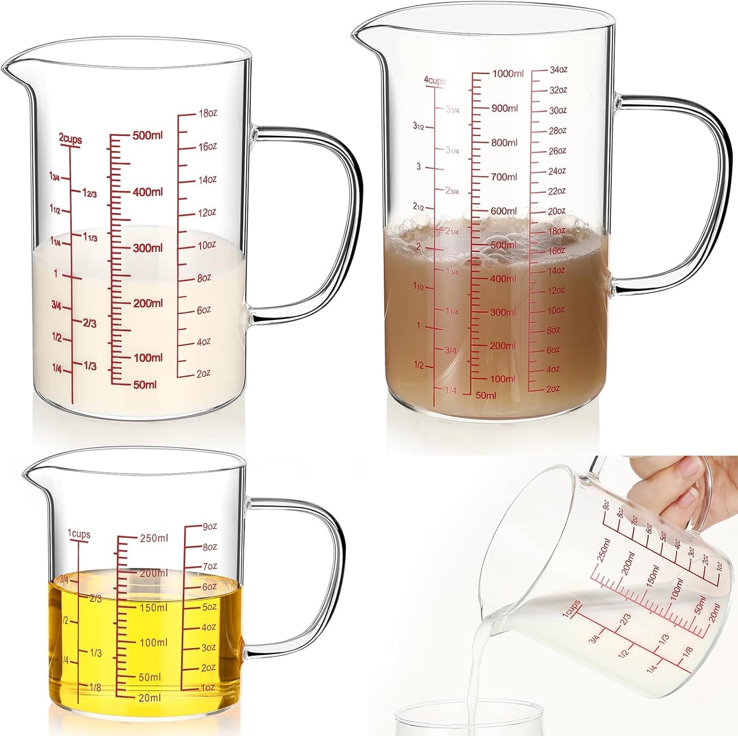 Lallisa 3 Pack High Borosilicate Glass Measuring Cups Set with Handle V Shaped Spout, 4, 2, 1 Cup 3 Scales (Oz, Cup, Ml) for Kitchen Restaurant Baking Cooking, Easy to Read, Clear(White Scale)