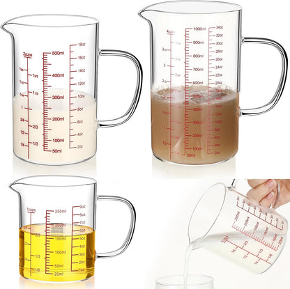 Lallisa 3 Pack High Borosilicate Glass Measuring Cups Set with Handle V Shaped Spout, 4, 2, 1 Cup 3 Scales (Oz, Cup, Ml) for Kitchen Restaurant Baking Cooking, Easy to Read, Clear(White Scale)